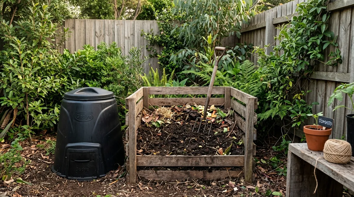 A backyard compost bin and worm farm turning waste into soil