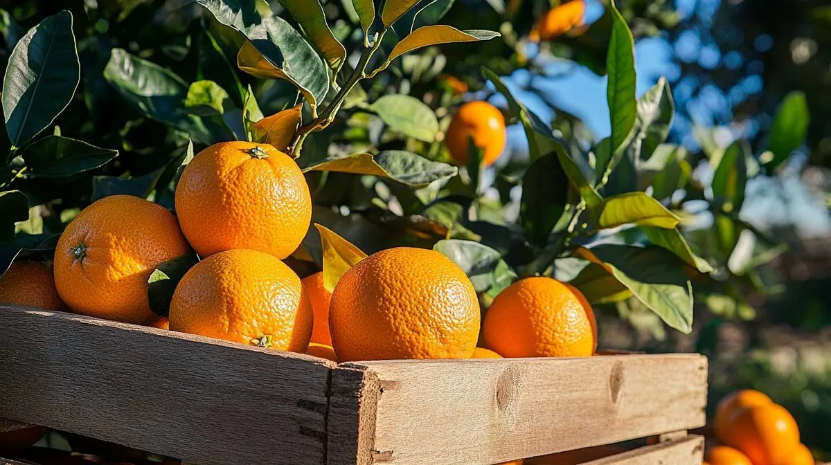 Bright orange Navel oranges on a tree with glossy green leaves