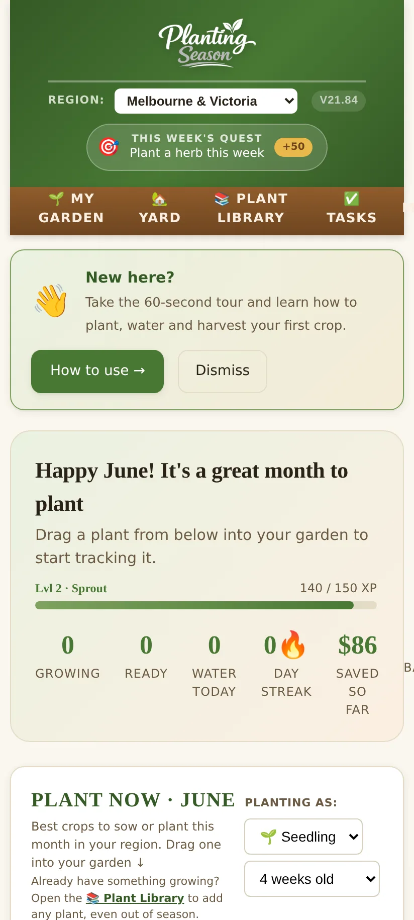 The home screen: what to plant now, your garden beds, and today’s care tasks.