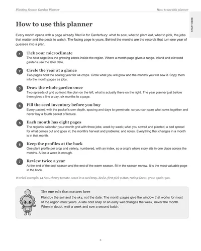 Page 3 of the Canterbury Garden Planner: how to use this planner, in seven steps, with a worked example for a cherry tomato
