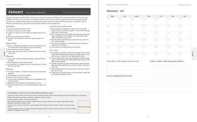 Pages 24 and 25 of the Canterbury Garden Planner: January's pre-printed Canterbury page with what to sow, plant out and pick, the jobs and the pest watch, beside a blank Monday-start month grid