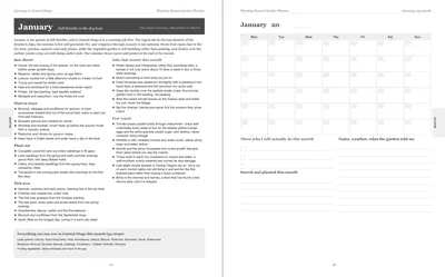Pages 24 and 25 of the Central Otago Garden Planner: January's pre-printed Central Otago page with what to sow, plant out and pick, the jobs and the pest watch, beside a blank Monday-start month grid