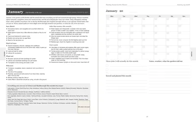 Pages 24 and 25 of the Nelson and Marlborough Garden Planner: January's pre-printed Nelson and Marlborough page with what to sow, plant out and pick, the jobs and the pest watch, beside a blank Monday-start month grid