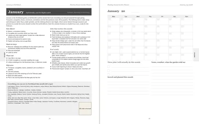 Pages 24 and 25 of the Northland Garden Planner: January's pre-printed Northland page with what to sow, plant out and pick, the jobs and the pest watch, beside a blank Monday-start month grid