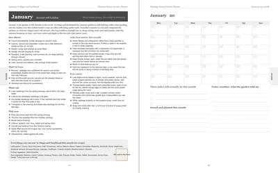 Pages 24 and 25 of the Otago and Southland Garden Planner: January's pre-printed Otago and Southland page with what to sow, plant out and pick, the jobs and the pest watch, beside a blank Monday-start month grid