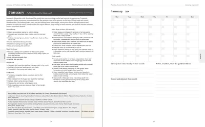 Pages 24 and 25 of the Waikato and Bay of Plenty Garden Planner: January's pre-printed Waikato and Bay of Plenty page with what to sow, plant out and pick, the jobs and the pest watch, beside a blank Monday-start month grid