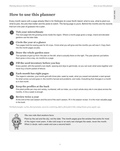 Page 3 of the Wellington Garden Planner: how to use this planner, in seven steps, with a worked example for a cherry tomato